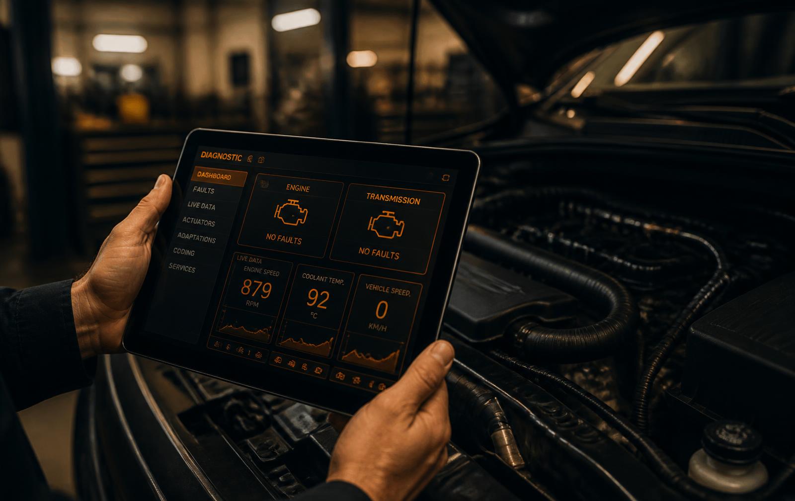 Teknisi bengkel memegang tablet berisi dashboard diagnosis di depan ruang mesin kendaraan